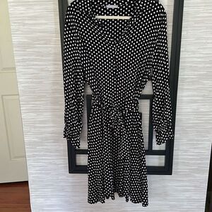 Milan Kiss black and white polkadot long sleeve rayon dress size XL button-down